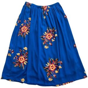 Liv Los Angeles Feminine Cottagecore Blue Embroidered Floral Midi Skirt Size XL